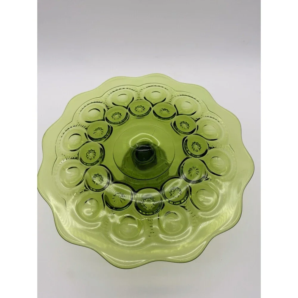 MCM LE Smith Moon & Star Cake Stand Heritage Green Art Glass Pastry Plate 11”